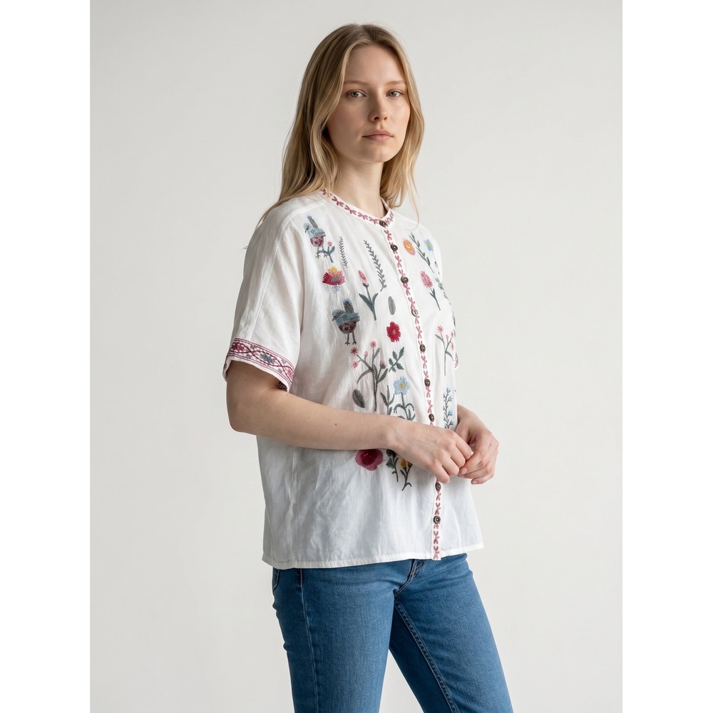 Chelsea & Theodore White Embroidered Floral Bird‎ Boho Blouse Top Small